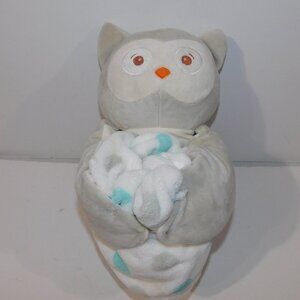 Piccolo Bambino Baby 13" Plush Gray Owl w Fleece Blue Polka Dot Blanket UNUSED